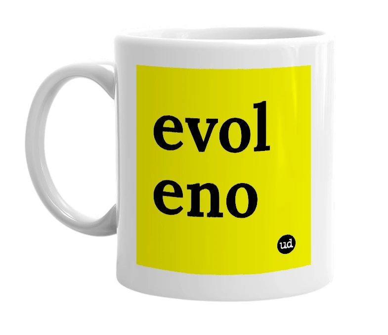 White mug with 'evol eno' in bold black letters