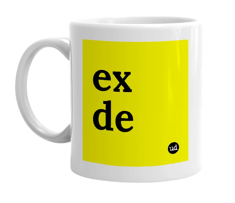 White mug with 'ex de' in bold black letters