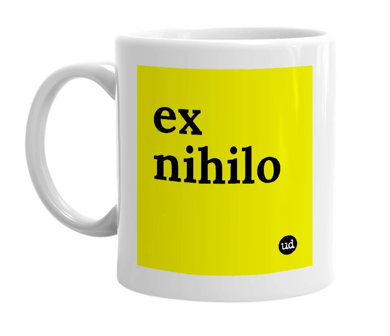 White mug with 'ex nihilo' in bold black letters