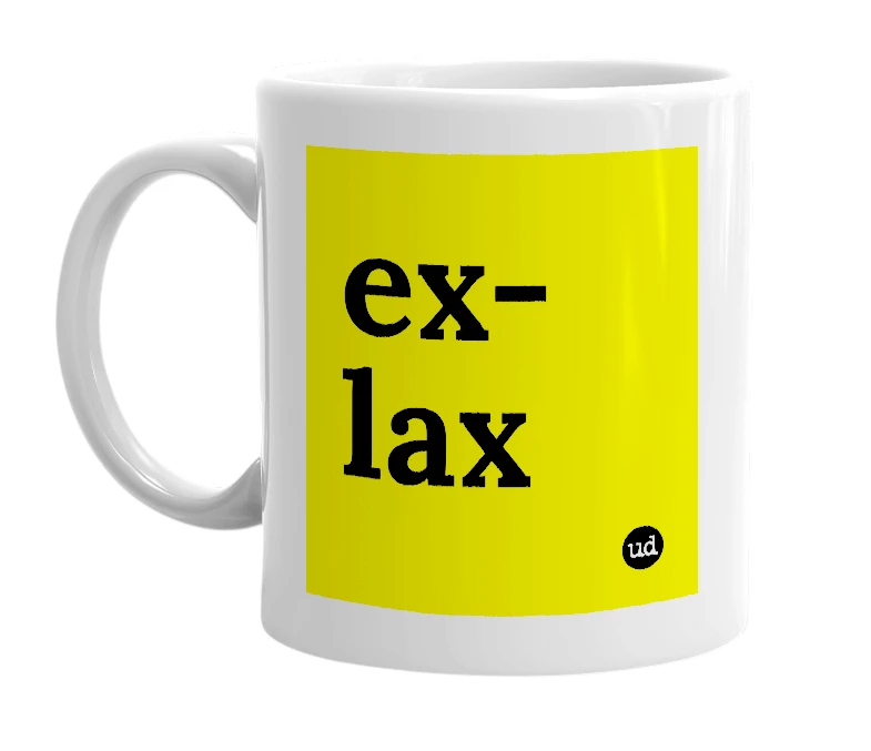 White mug with 'ex-lax' in bold black letters