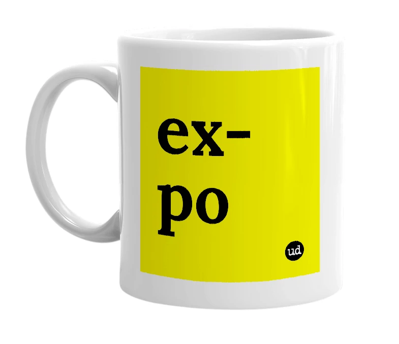 White mug with 'ex-po' in bold black letters
