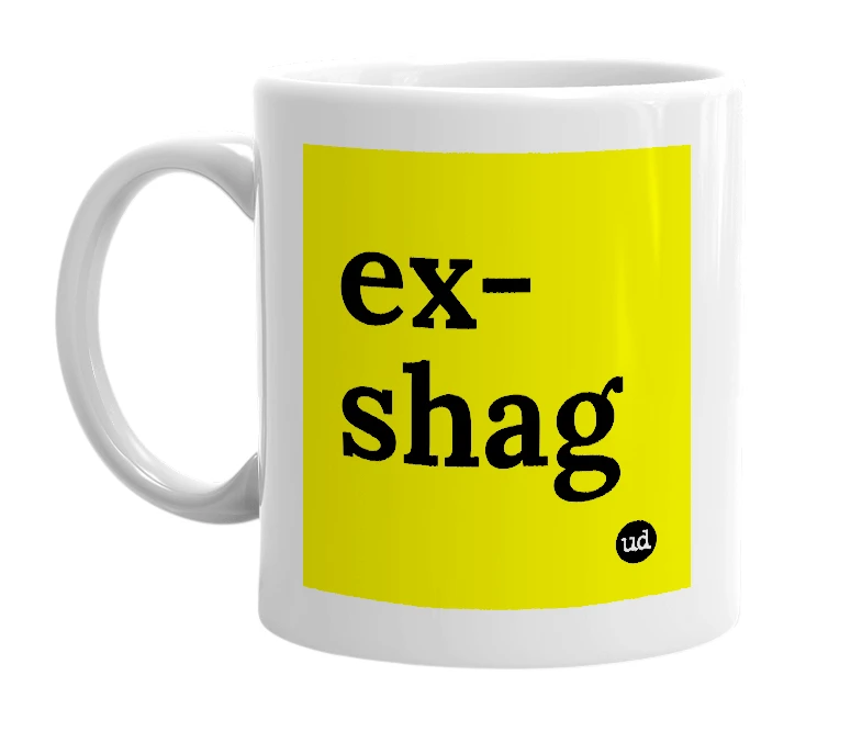White mug with 'ex-shag' in bold black letters