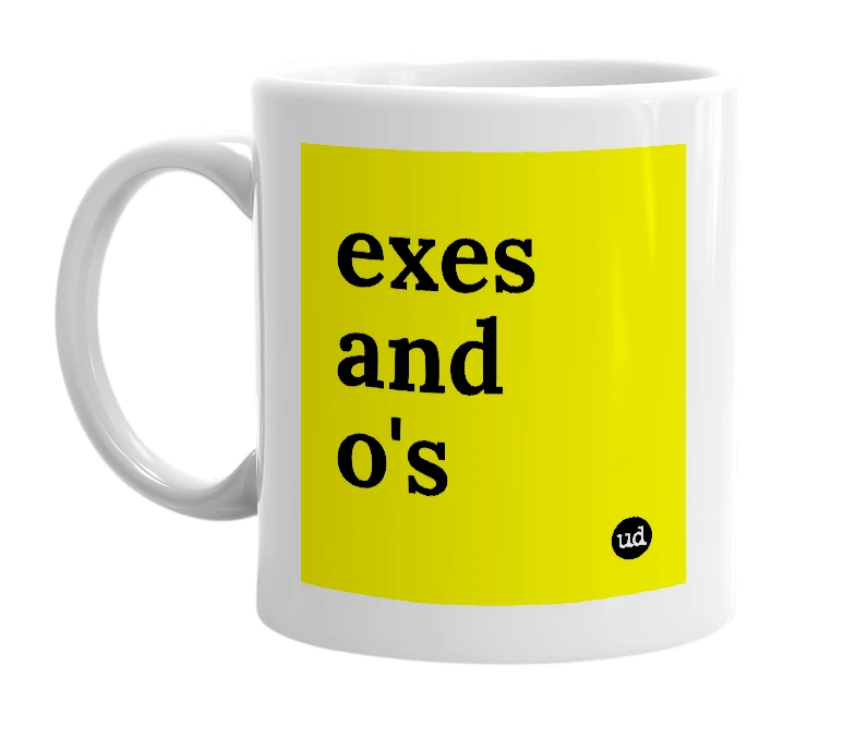 White mug with 'exes and o's' in bold black letters