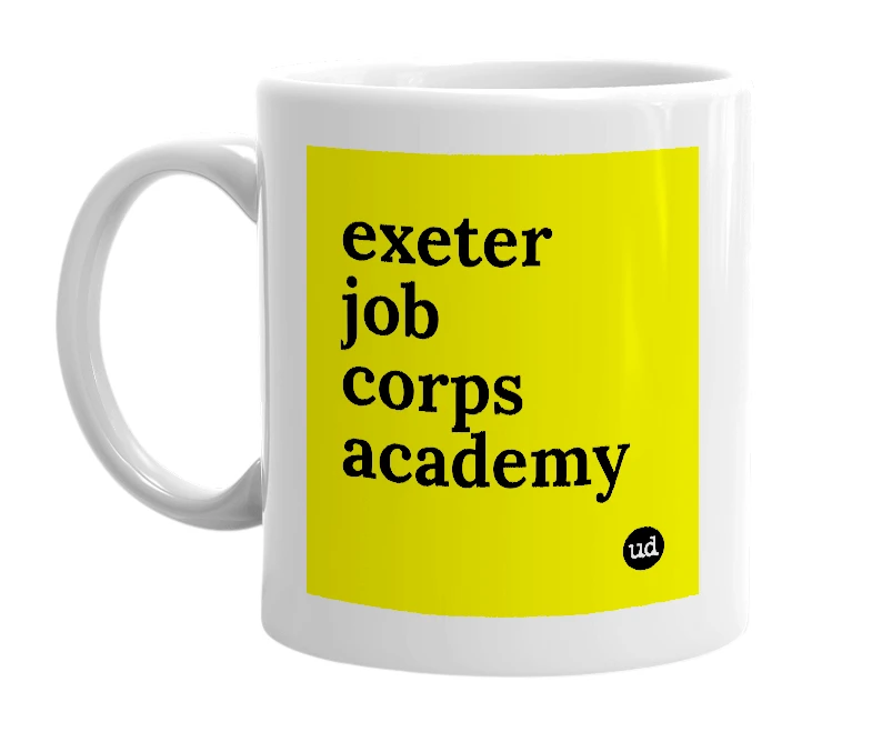 White mug with 'exeter job corps academy' in bold black letters