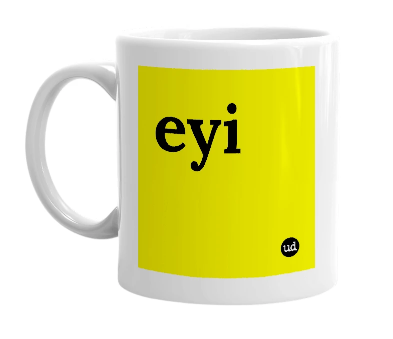 White mug with 'eyi' in bold black letters
