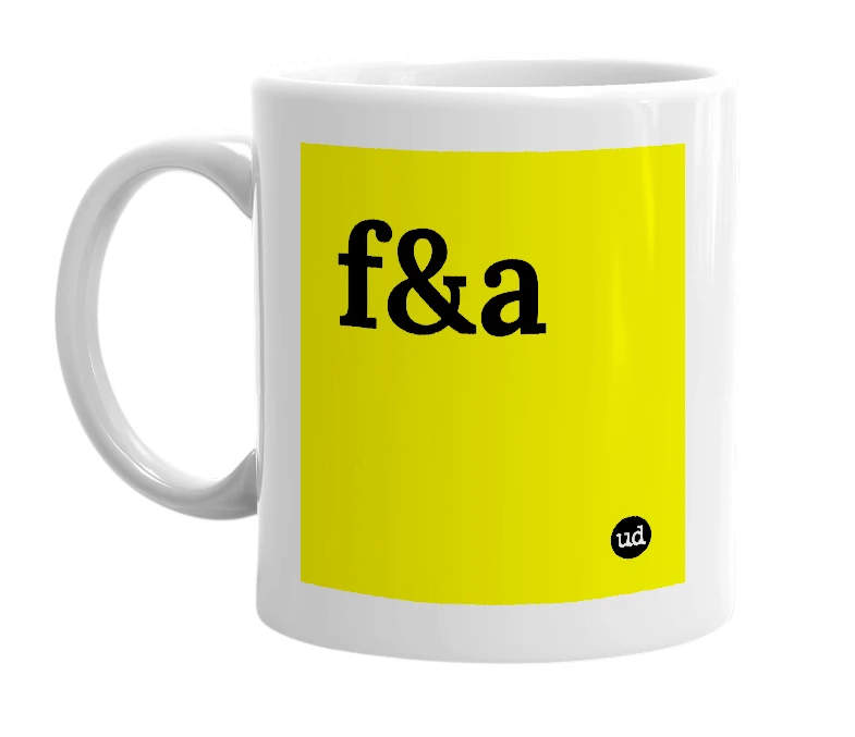 White mug with 'f&a' in bold black letters