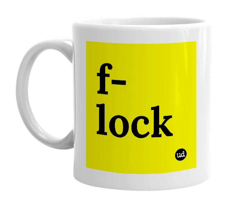 White mug with 'f-lock' in bold black letters