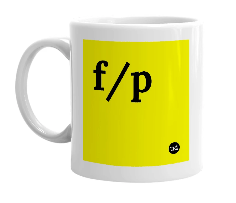White mug with 'f/p' in bold black letters
