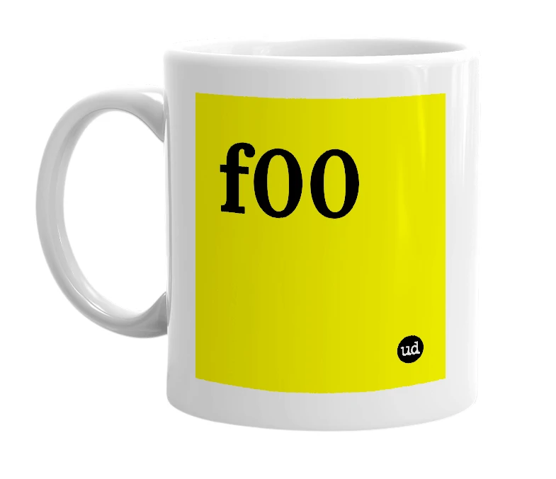 White mug with 'f00' in bold black letters