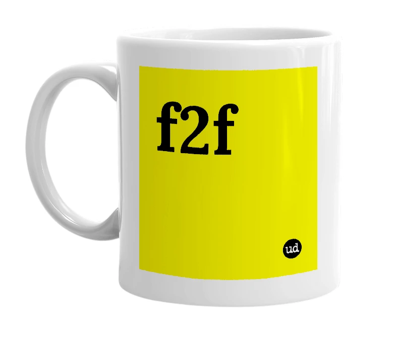 White mug with 'f2f' in bold black letters