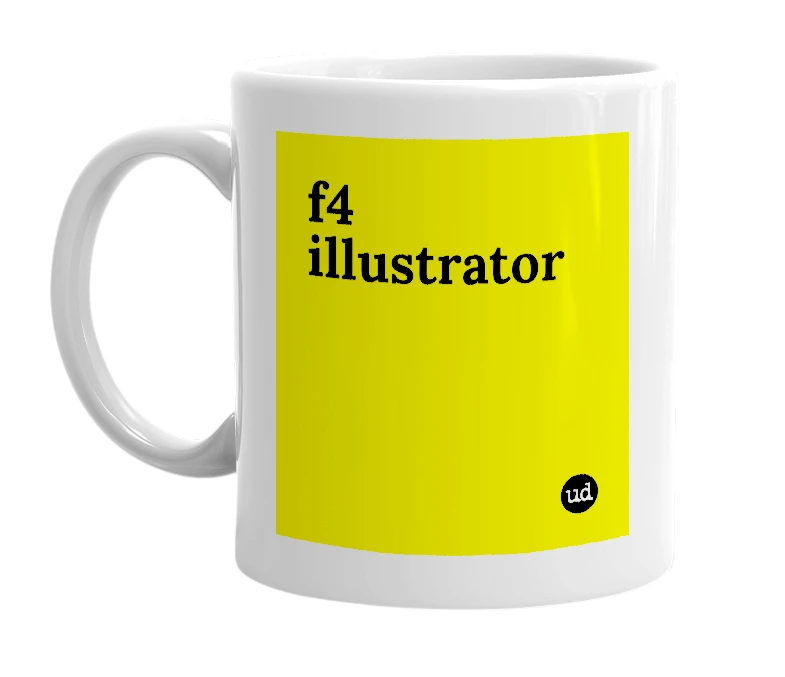 White mug with 'f4 illustrator' in bold black letters