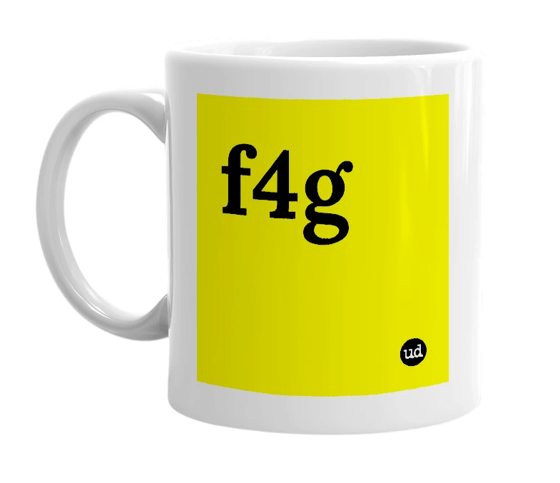 White mug with 'f4g' in bold black letters