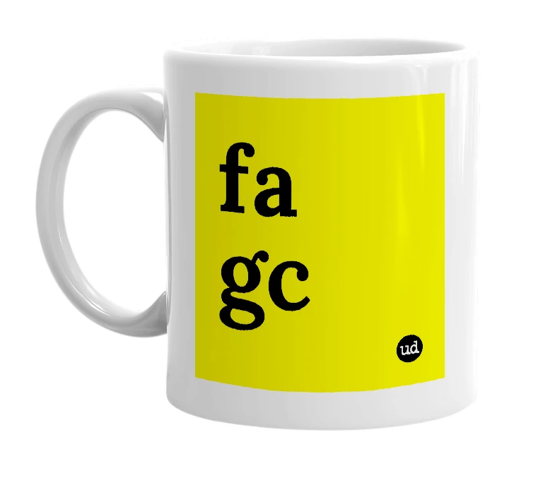 White mug with 'fa gc' in bold black letters