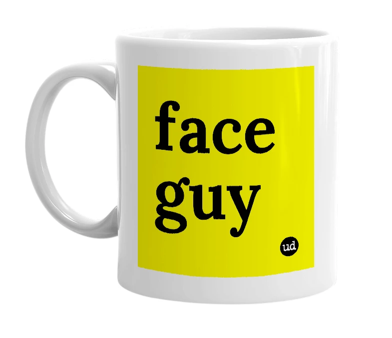 White mug with 'face guy' in bold black letters