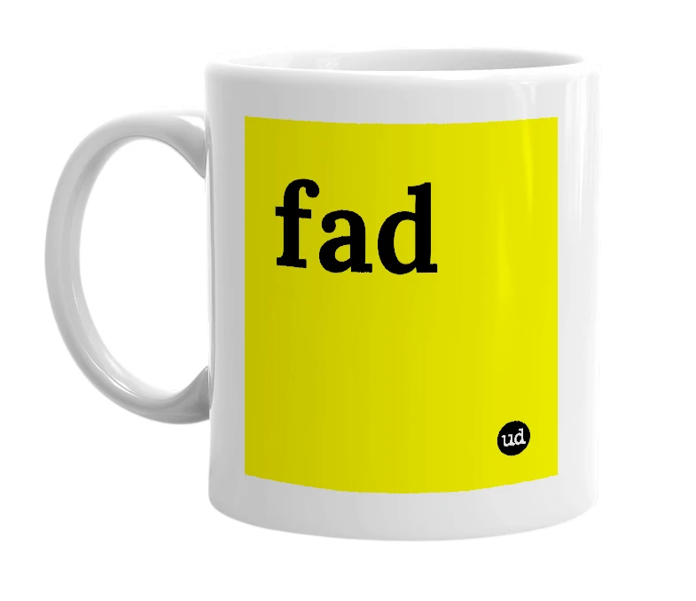 White mug with 'fad' in bold black letters