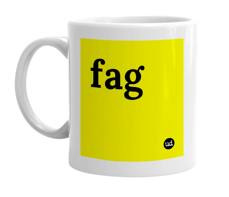 White mug with 'fag' in bold black letters