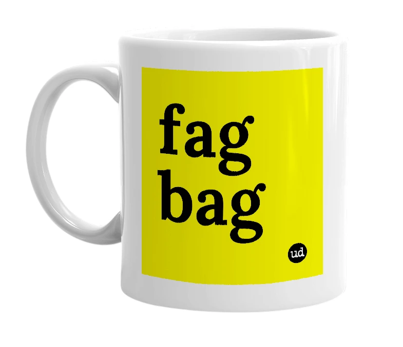 White mug with 'fag bag' in bold black letters