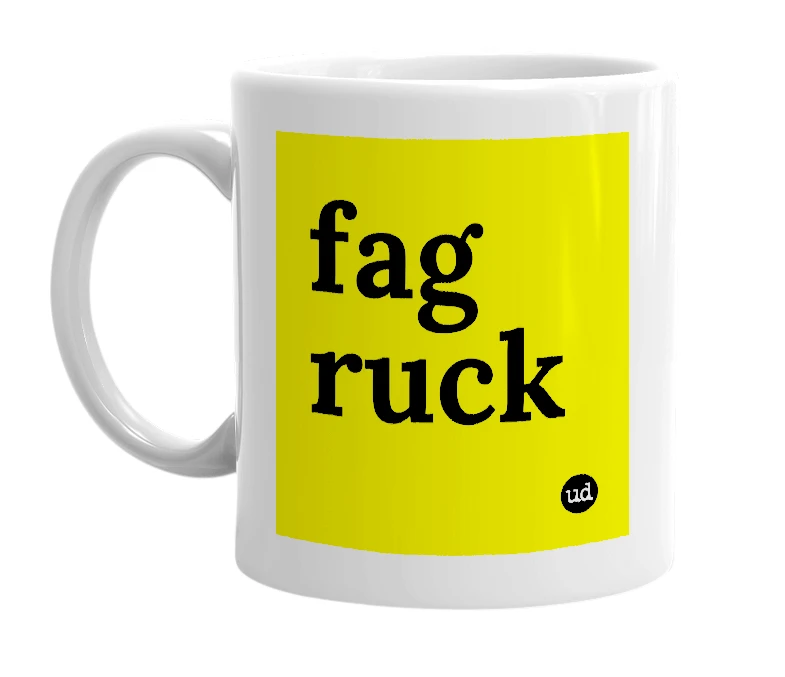 White mug with 'fag ruck' in bold black letters