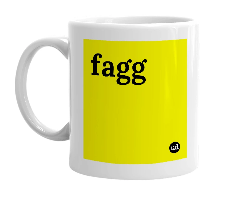 White mug with 'fagg' in bold black letters