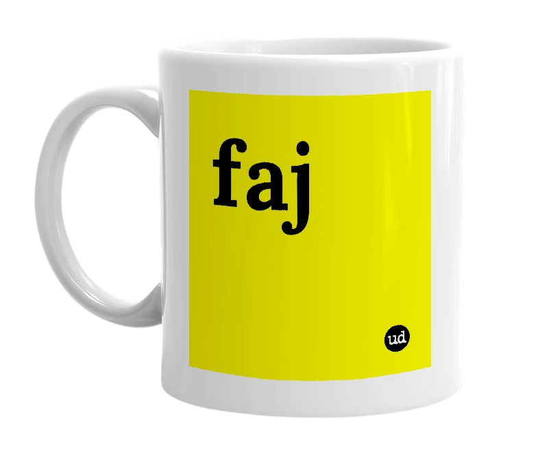 White mug with 'faj' in bold black letters