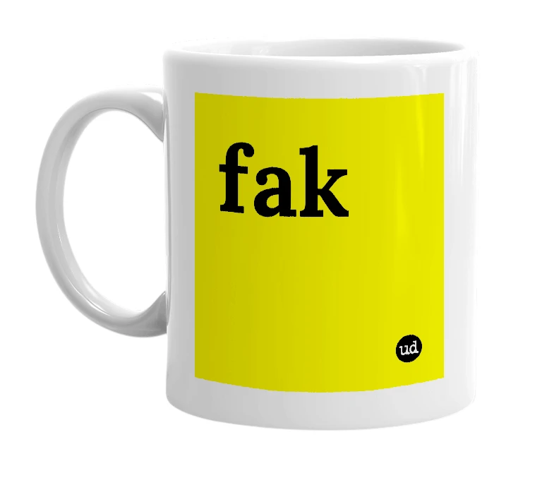 White mug with 'fak' in bold black letters