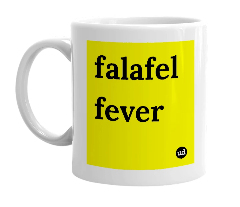 White mug with 'falafel fever' in bold black letters
