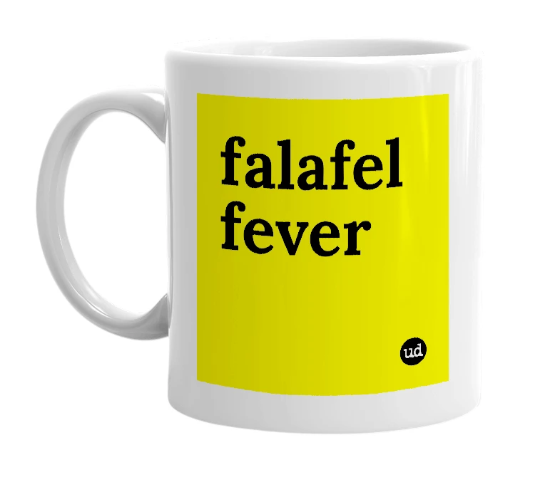 White mug with 'falafel fever' in bold black letters