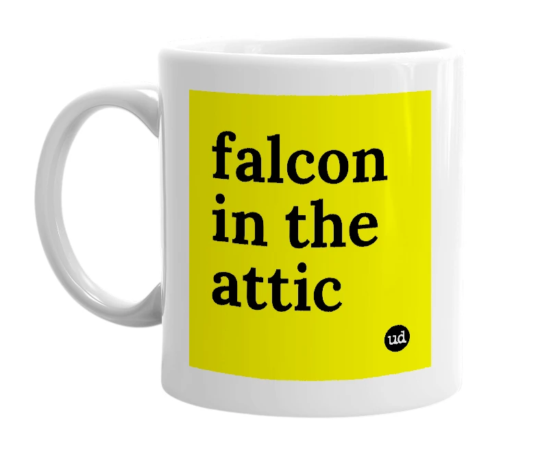 White mug with 'falcon in the attic' in bold black letters