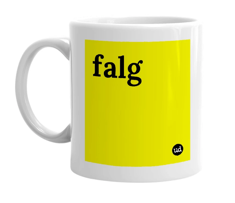 White mug with 'falg' in bold black letters