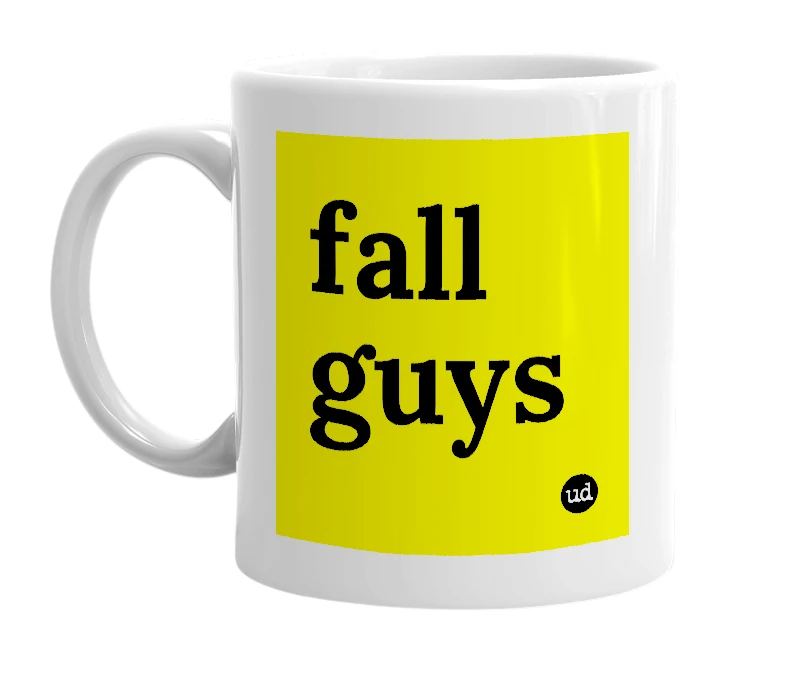White mug with 'fall guys' in bold black letters