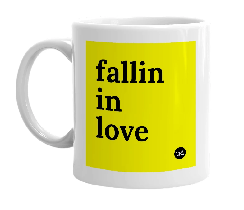 White mug with 'fallin in love' in bold black letters
