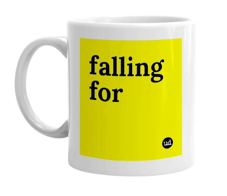 White mug with 'falling for' in bold black letters