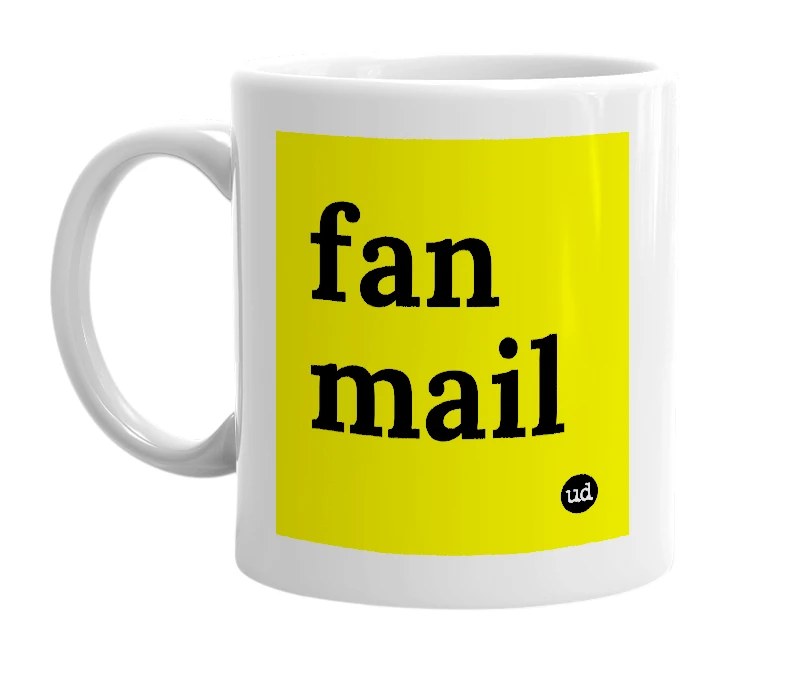 White mug with 'fan mail' in bold black letters