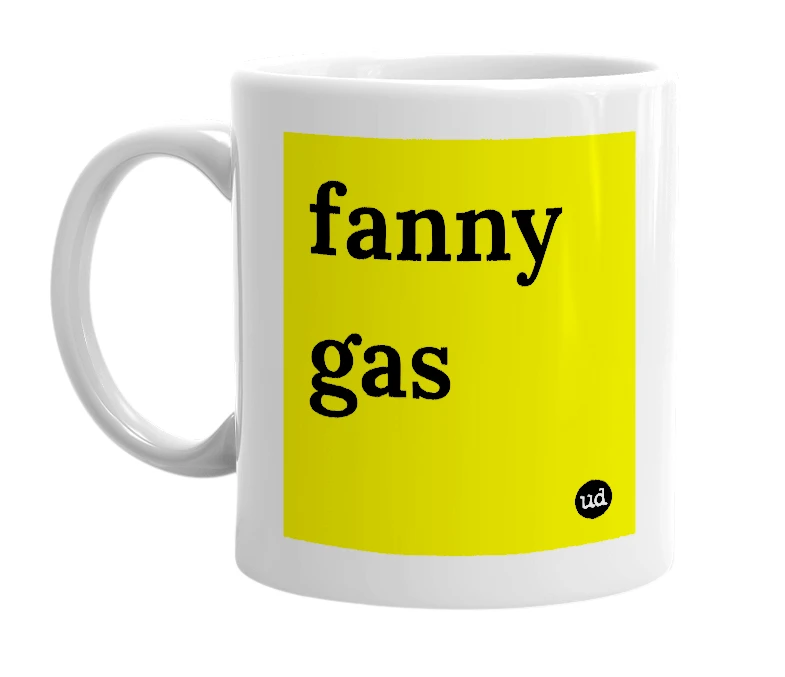 White mug with 'fanny gas' in bold black letters