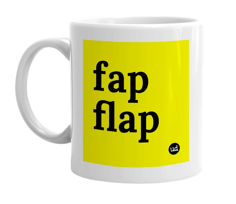 White mug with 'fap flap' in bold black letters