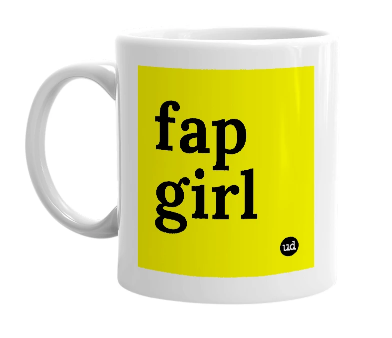 White mug with 'fap girl' in bold black letters