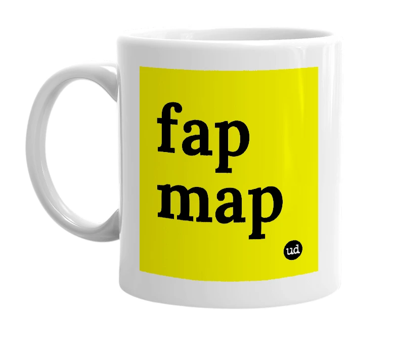 White mug with 'fap map' in bold black letters