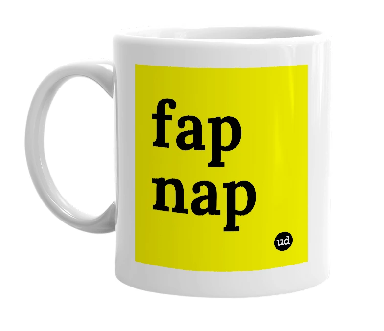 White mug with 'fap nap' in bold black letters