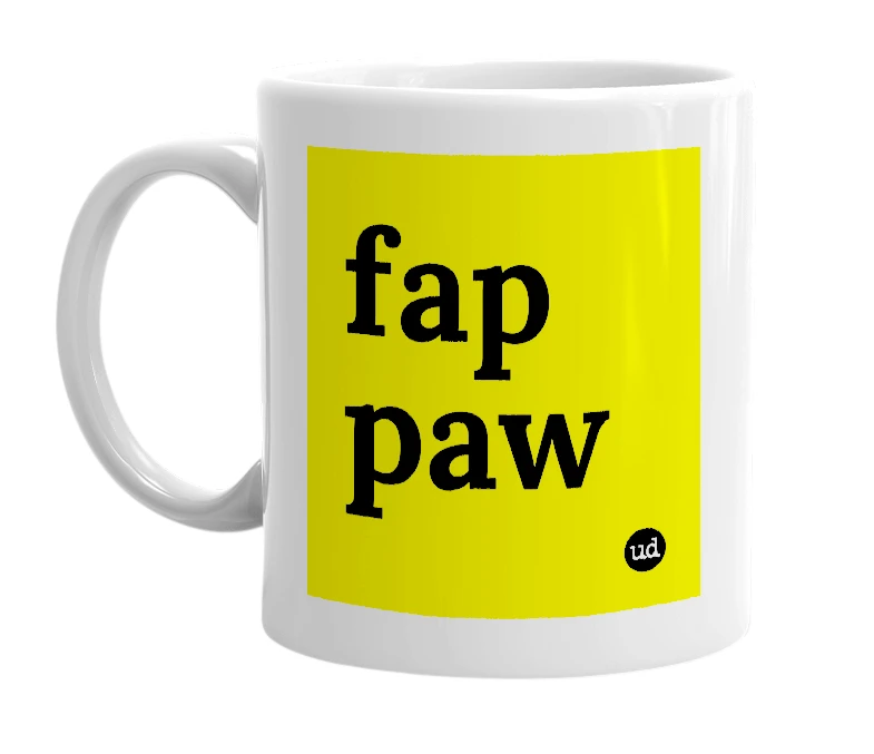 White mug with 'fap paw' in bold black letters