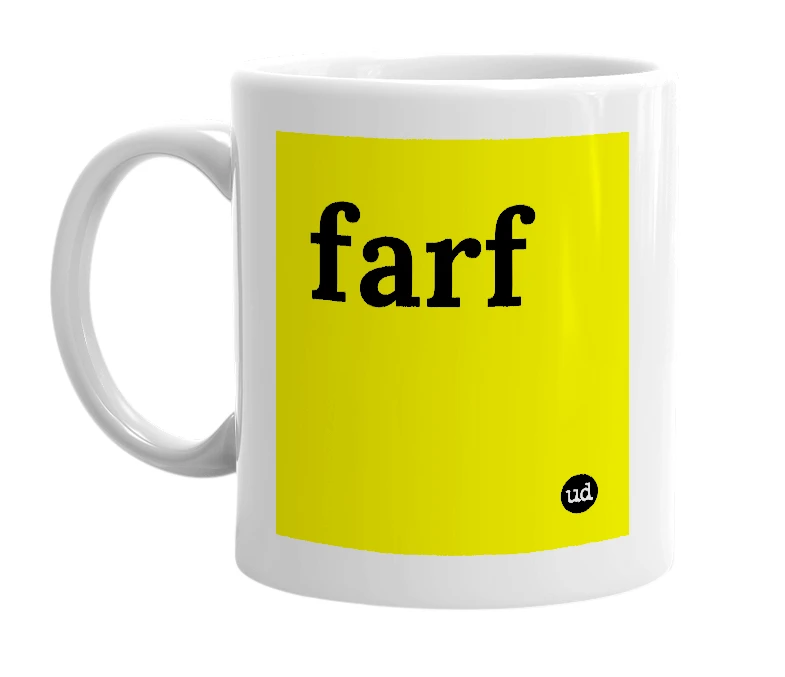 White mug with 'farf' in bold black letters