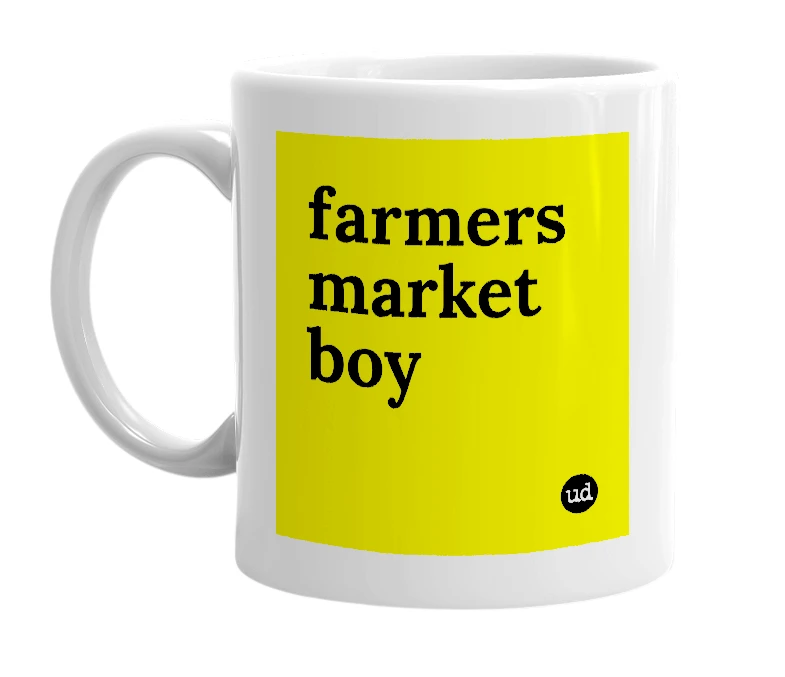 White mug with 'farmers market boy' in bold black letters