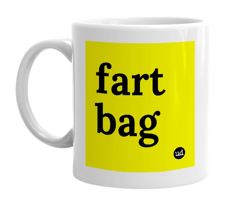 White mug with 'fart bag' in bold black letters