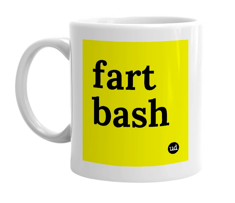 White mug with 'fart bash' in bold black letters