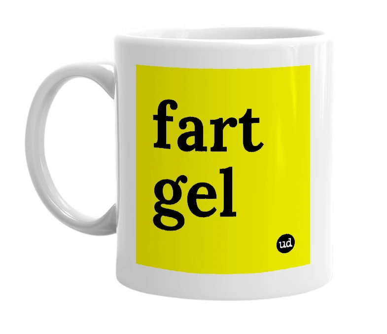 White mug with 'fart gel' in bold black letters