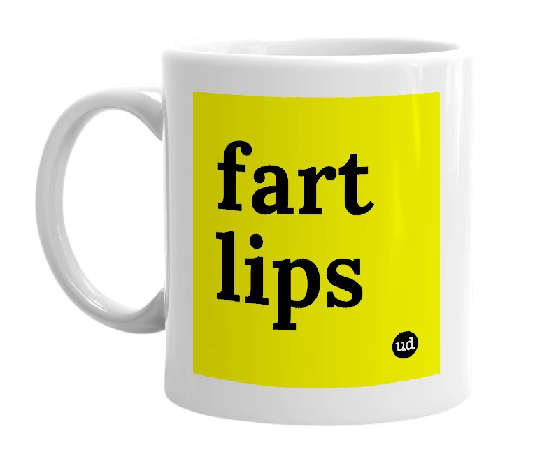White mug with 'fart lips' in bold black letters