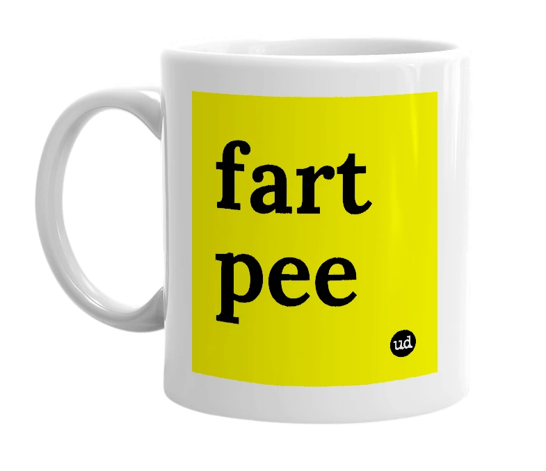 White mug with 'fart pee' in bold black letters