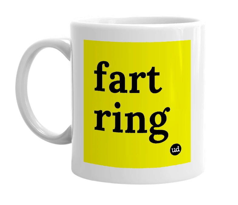 White mug with 'fart ring' in bold black letters