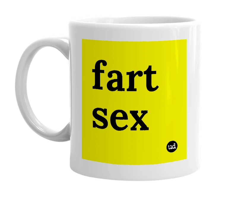 White mug with 'fart sex' in bold black letters