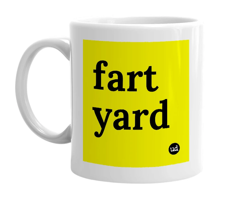 White mug with 'fart yard' in bold black letters