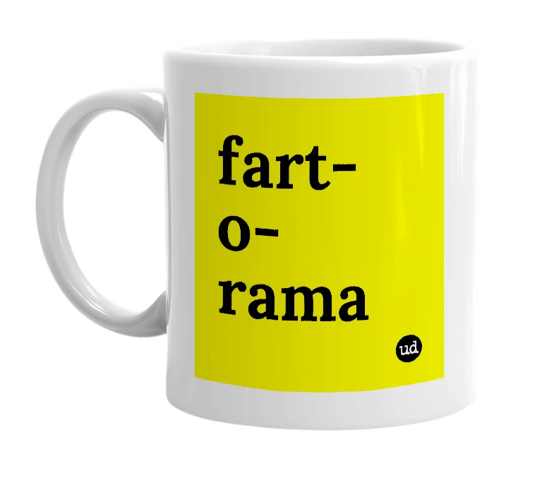 White mug with 'fart-o-rama' in bold black letters